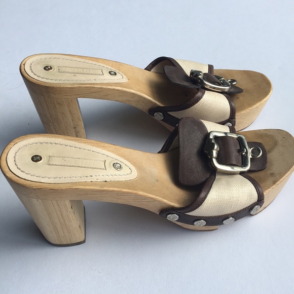Celine wood and canvas clogs with buckles - Picture 2 of 8